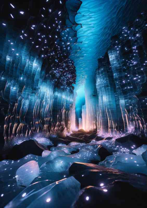 Glacier cavern illuminated by thousands of glow worms