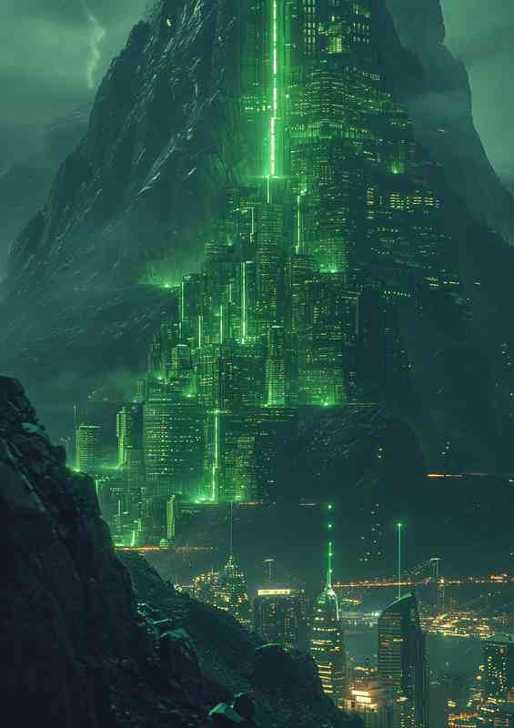 Green hill with lightning and mountains
