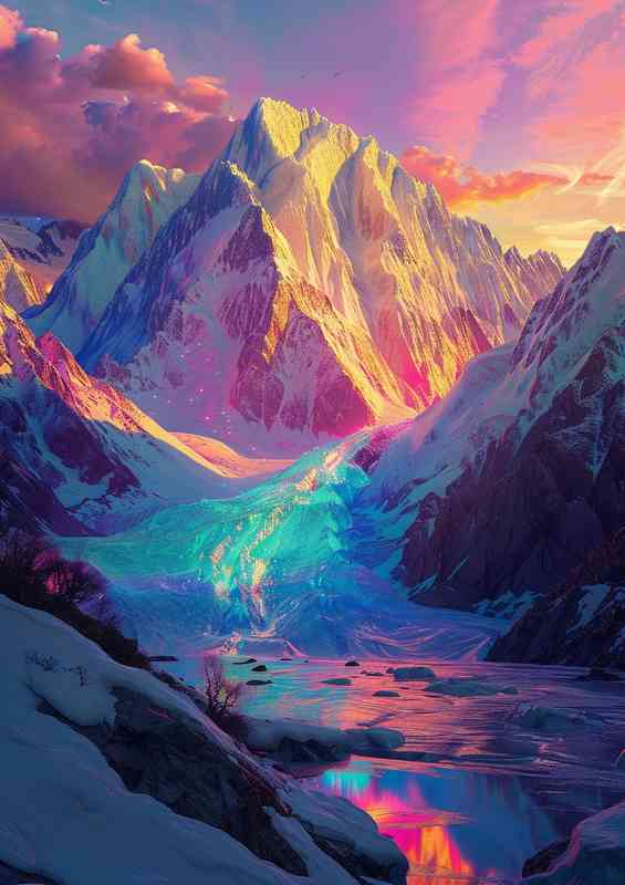 The glacier is glow on the mountains from the sky