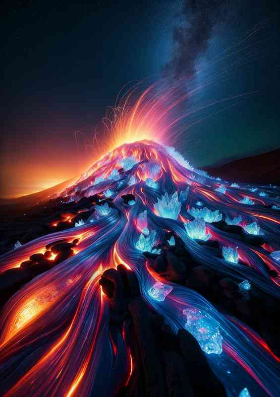 Volcanic landscape at night where the lava flows