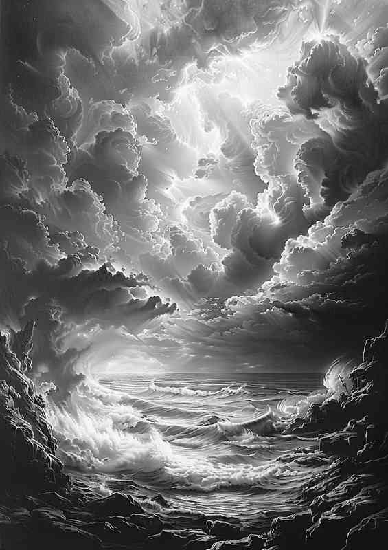 A Black and white picture of an ocean with clouds