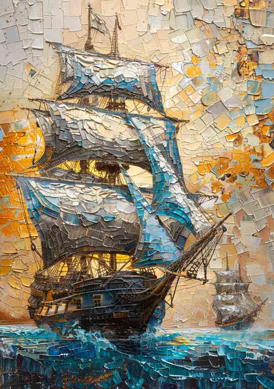 A blue ship with a large sails in the sea
