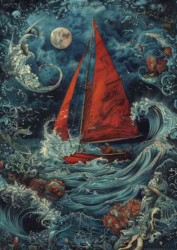 A red sail boar surrounded by big sea vaves