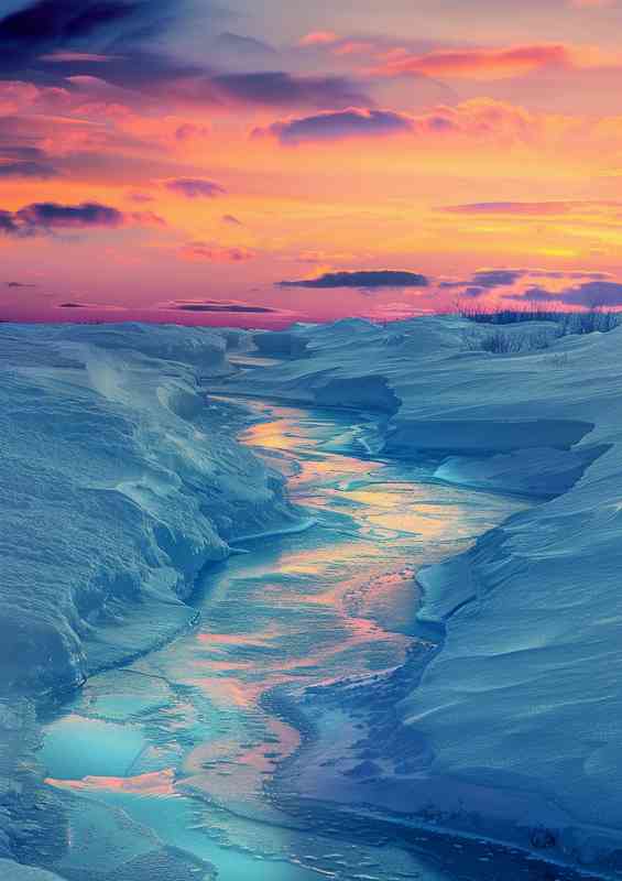 Amazing ice river with red skies