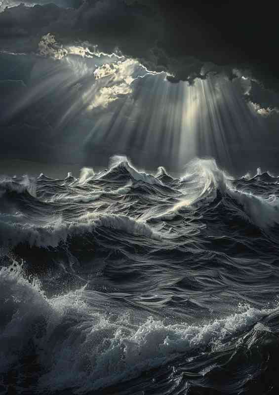 Black waves and a cloud covered sky