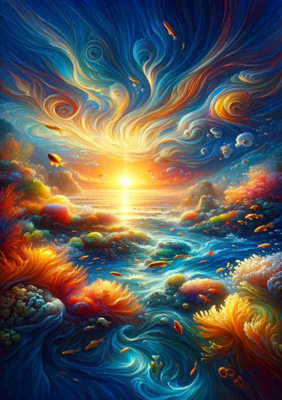 Bustling coral reef teeming with life at sunrise