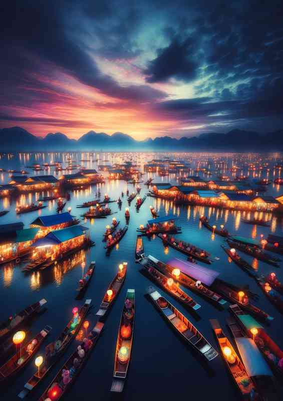 Enchanting atmosphere of a bustling floating market | Metal Poster