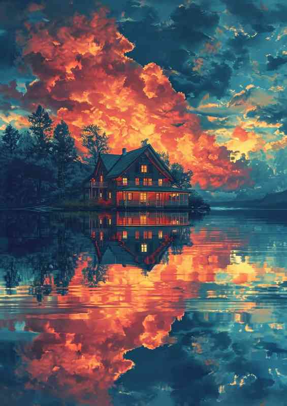 House on a lake with sky clouds