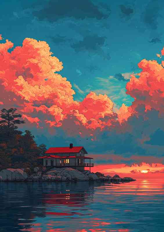 House on the lake with a cloudy sky