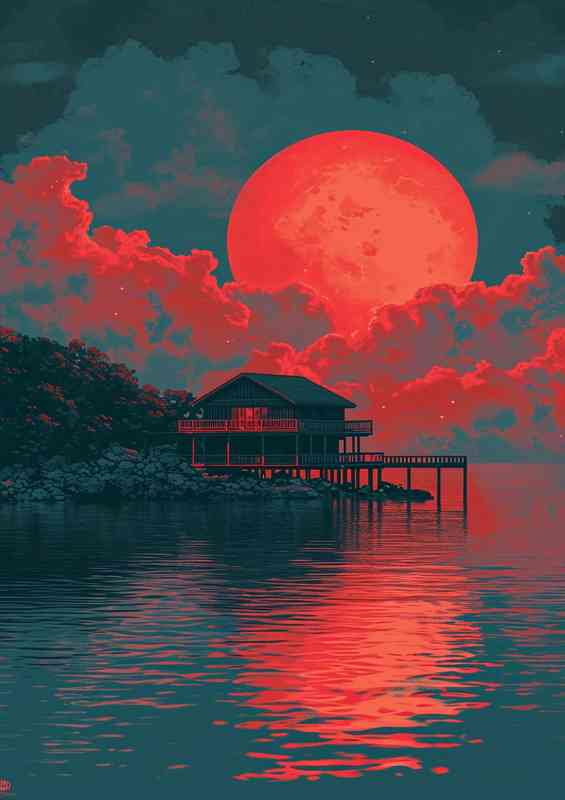 House on the lake with a setting sun