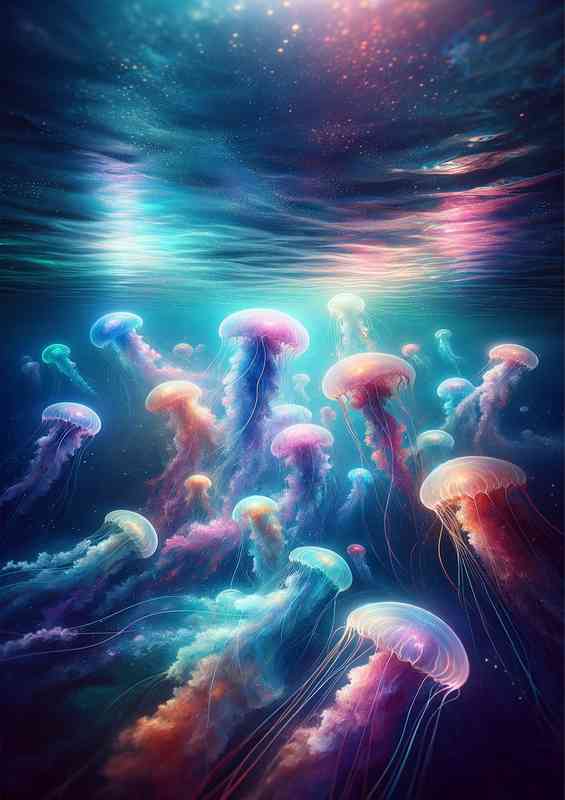 Serene underwater scene with a school of jellyfish