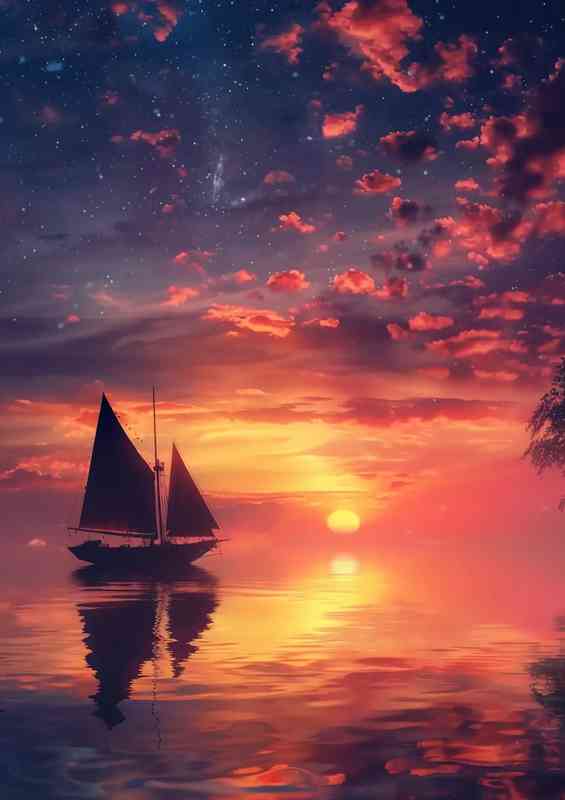 Small boat in the sea with red skies