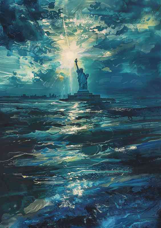 Sunrise behind the statue of liberty in the sea
