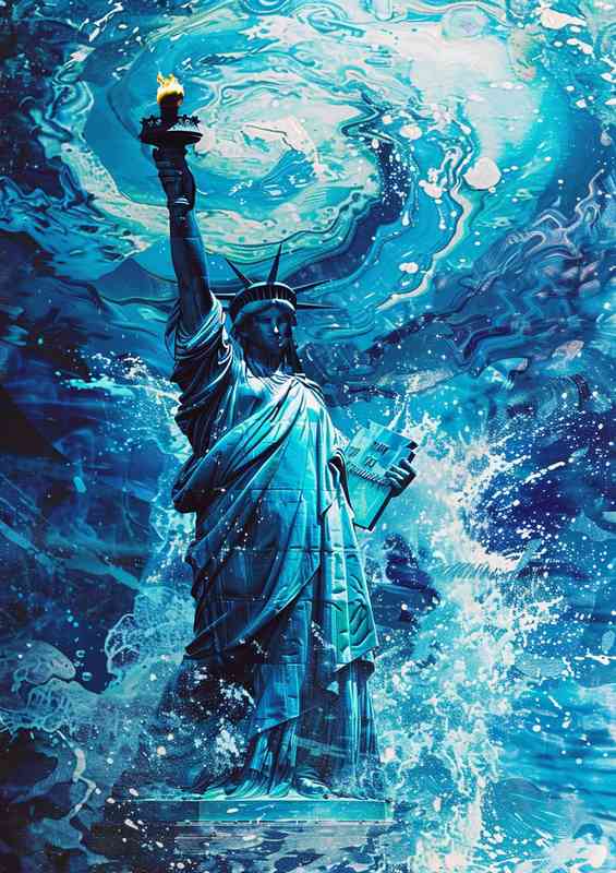 The statue of liberty against blue waves