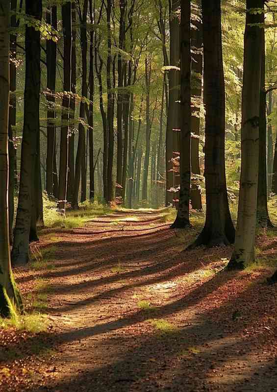 A dense forest with tall trees with sunlight