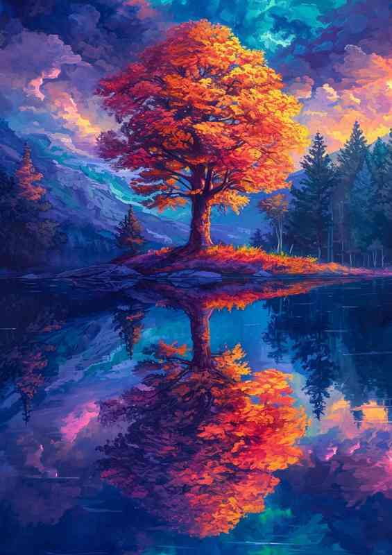 A single tree in autumn by the lake