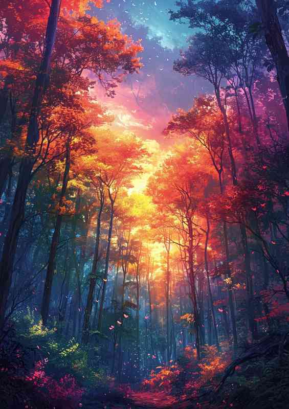 Colorful painting of a glowing forest