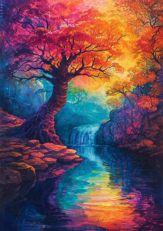 Coloured tree by the water