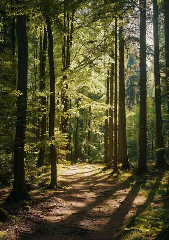 Dence forest with sunlight and a walkway