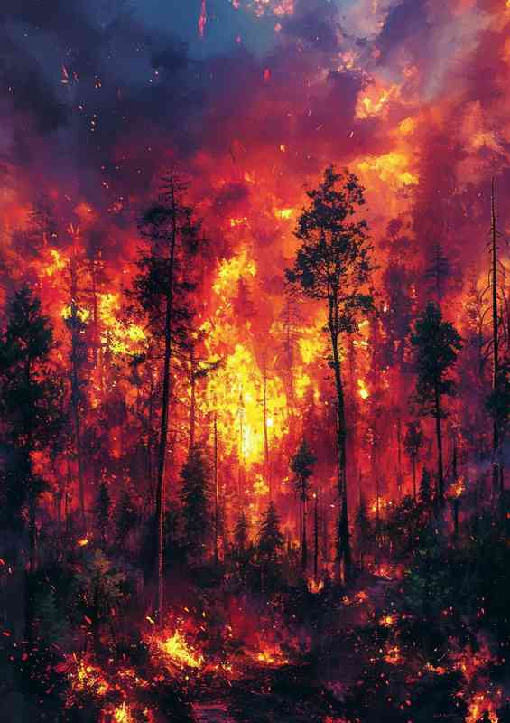 Forest with the flames rising upwards