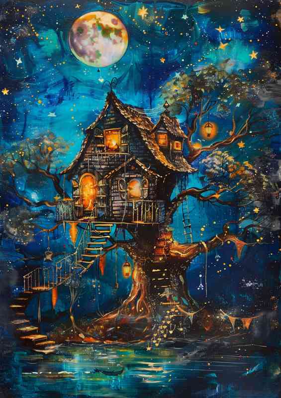Nightsky treehouse with steps and moon