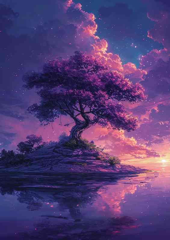 Painting of a tree on an Island with a beautiful purples