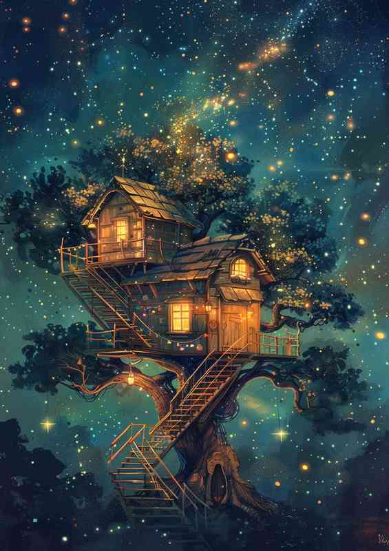Painting of the treehouse in the night with stars