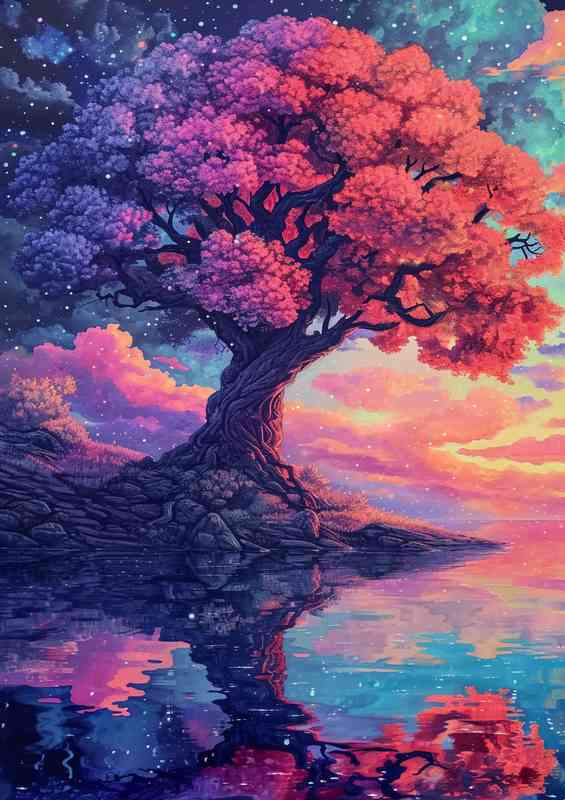 Rainbow colored tree and water