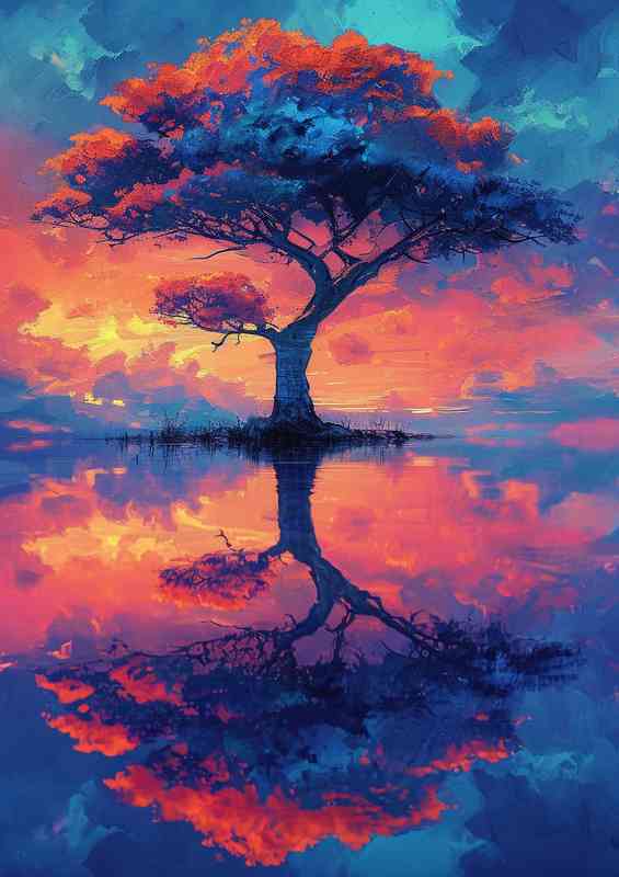 Single Tree colourful surrounded by a Lake