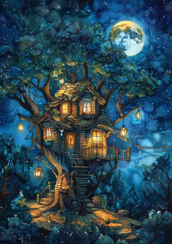 The Enchanted tree house at night