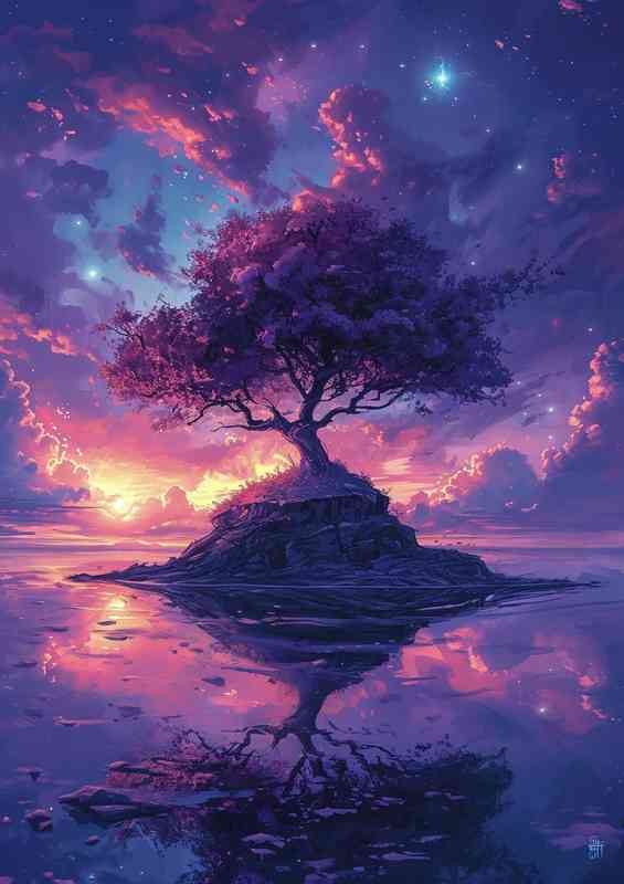 Tree on an island with purple colours