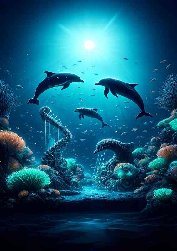Underwater concert where dolphins and fish gracefully swim