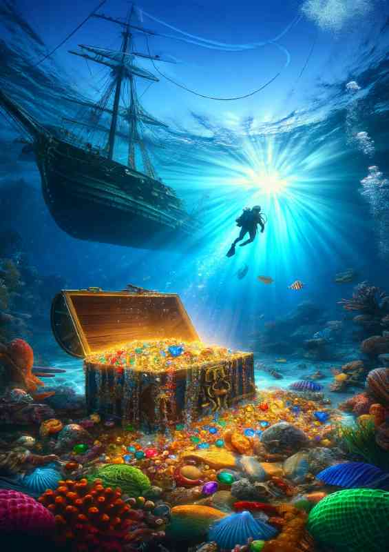 Wnderwater scene where a diver discovers a treasure chest