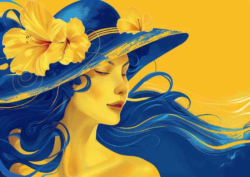 Beautiful woman with flowers in her hat blue and yellow