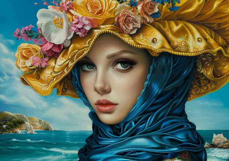 Elegant woman with large eyes and floppy hat
