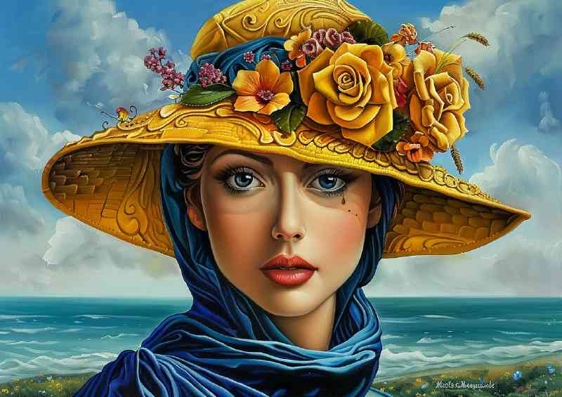 Elegant woman with large eyes wearing yellow hat