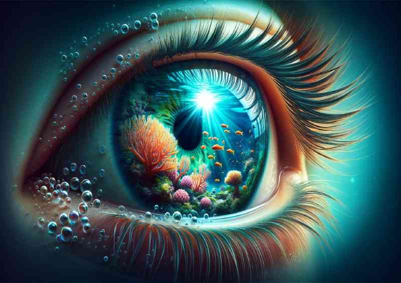 Eye reflecting a deep ocean scene with a vibrant coral reef