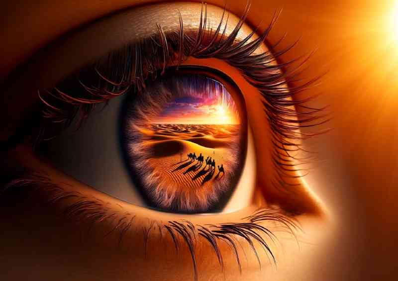 Eye reflecting a vivid desert sunset with sand dunes