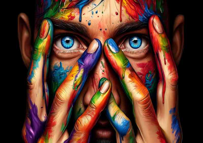 Gaze peering through vibrant paint covered hands