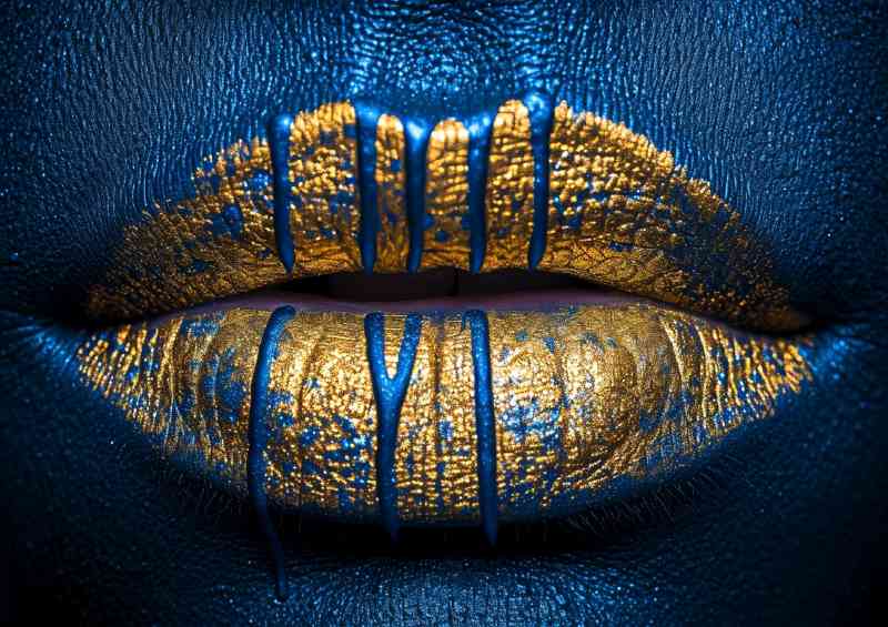 Gold and blue drip lips bling in the style of surrea