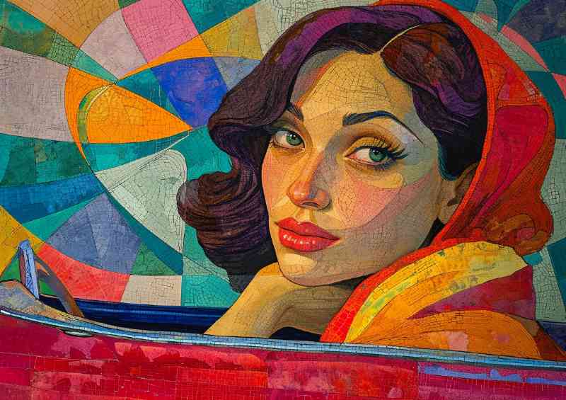 Woman sitting in a car with a red hood