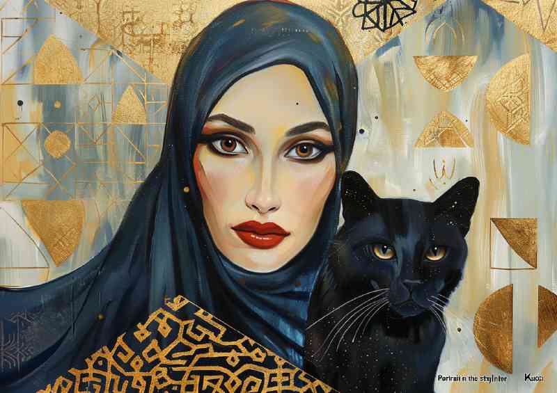 Woman with a black cat and head scarf