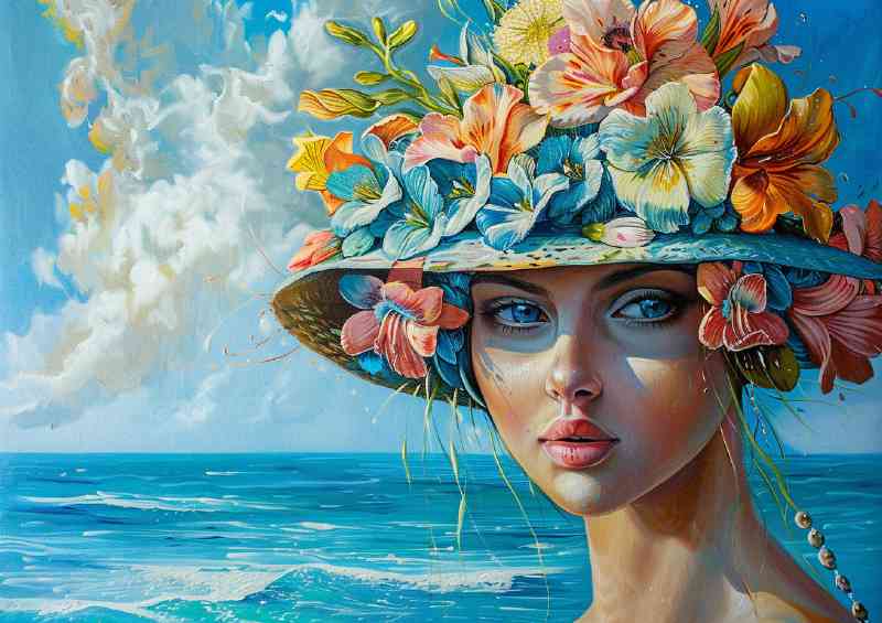 Woman with flowers in her hat painting sea in background