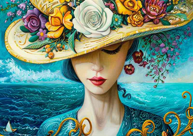 woman with flowers in her hat painting