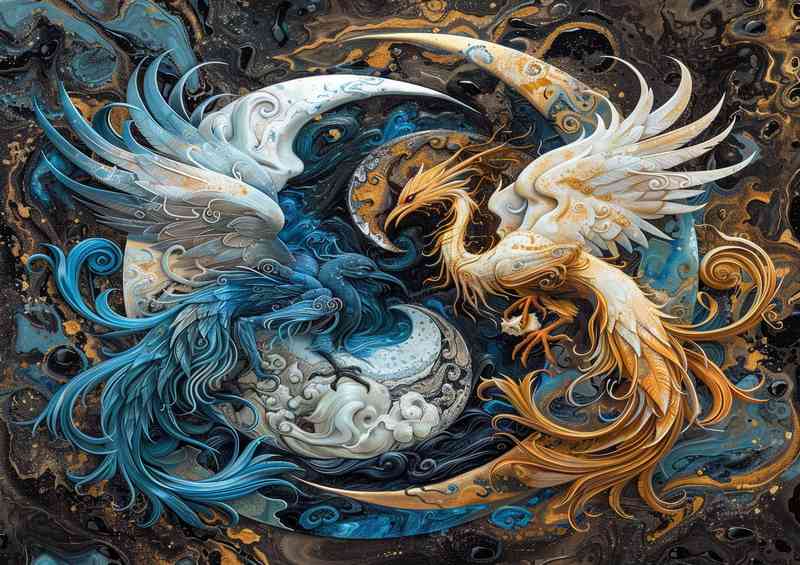 Blue and white yin yang symbol with flying Birds