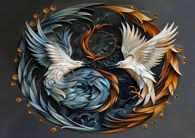 Blue and white yin yang symbol with one flying bird