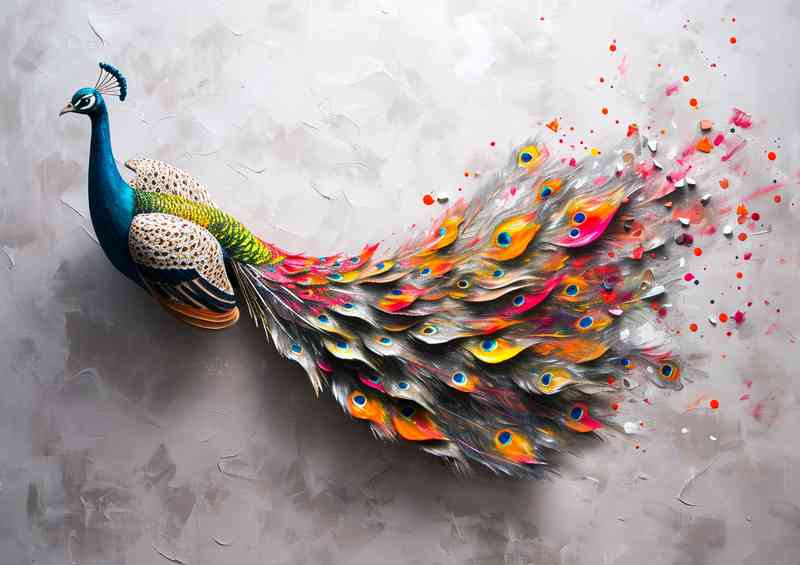 Colorful peacock flying over white painted wall