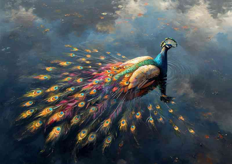 Colourful peacock spread feathers with clouds