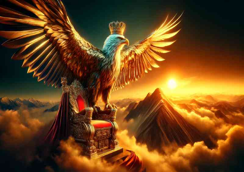 Eagle king perched on a gilded throne amidst a mountain peak