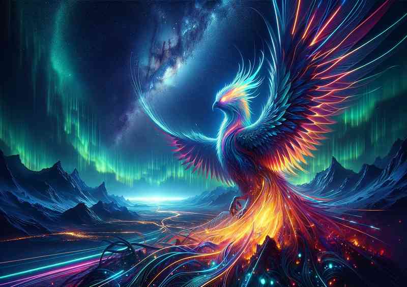 Futuristic Phoenix its feathers of neon lights